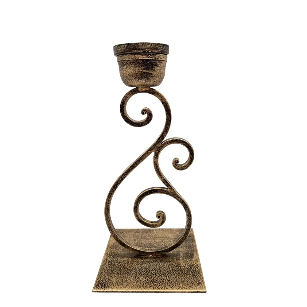 Vintage Style Bronze Metal Scrollwork Pillar Candle Holder 9.5 Inch Centerpiece